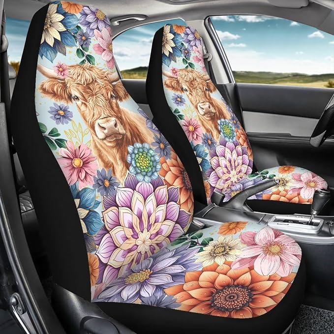 Anti-Slip Car Seat Cover Front Seats Only,Boho Mandala Highland Cow Comfort Automotive Car Interior Covers Vehicle Cushion Seat Cover Set,Auto Interior Decoration