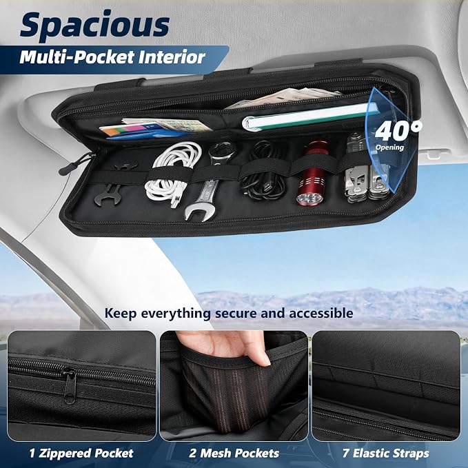Dadanism Car Sun Visor Organizer, Molle Car Storage Organizer with Zipper Pouch, Glasses Clip, Adjustable Strap, Semi-Rigid Molle Panel Universal Fit for Most Cars, SUVs, Trucks, Jeeps, Black