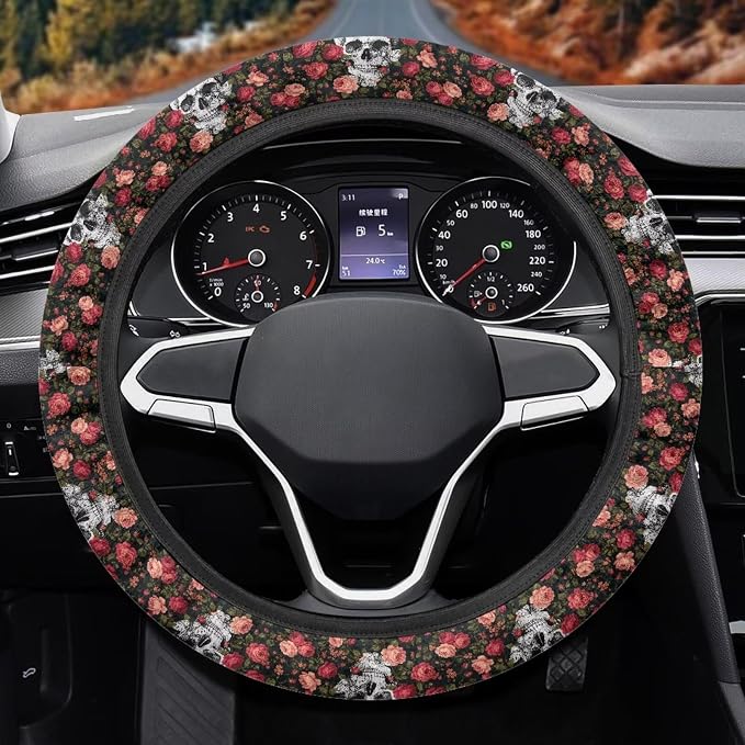 AFPANQZ Auto Steering Wheel Covers Anti-Slip Safety Stretch-on 14-15 inch | Skull Flower Print, Steering Wheel Protector with Cloth for Women Keep Warm Comfort Grip Sweat Absorption Neoprene