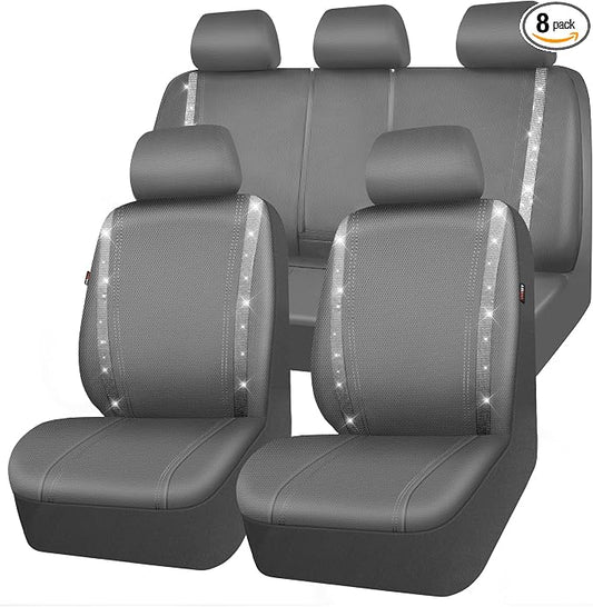 CAR PASS Bling Car Seat Covers Full Set, Shining Glitter Rhinestone Diamond Waterproof Faux Leather Interior Sets Universal Fit Automotive Glitter Crystal Sparkle Strips for Cute Women Girl, Gray