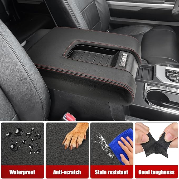 KBH Car Center Console Cover Replacement for Toyota Tundra 2014 2015 2016 2017 2018 2019 2020 2021, Vinyl Leather Armrest Uhpholstery, Anti-Scratch, Black-red Stitch (Leather Part Only)
