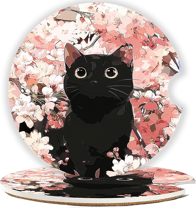 Car Cup Holder Coaster Set of 2, 2.56 in Ceramic Coasters, Scratch-Resistant Cork Backing, Finger Groove Design for Easy Placement, Cute Car Accessories Interior for Women (Cute Kitten)