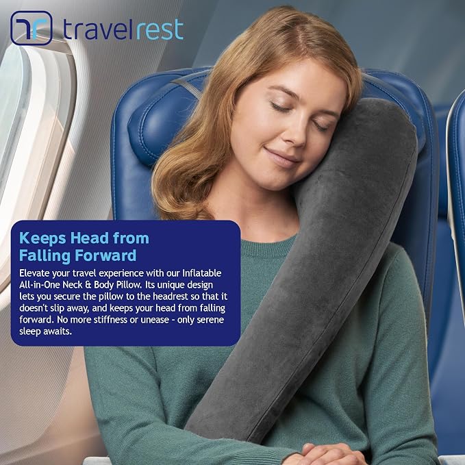 travelrest All-in-One Travel Neck Support & Body Pillow - Airplane Pillow for Long Flight Comfort, Travel Essentials, Sleeping Accessories, Memory Foam, Headrest Support Seat for Car (Grey)