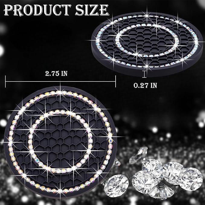 4PCS Bling Crystal Rhinestone Cup Holder Coaster, 2.75 inch Soft Silicone Anti-Slip Shockproof, Car Cup Holder Insert Coasters, Universal Car Interior Accessories for Women (Black & Colorful)