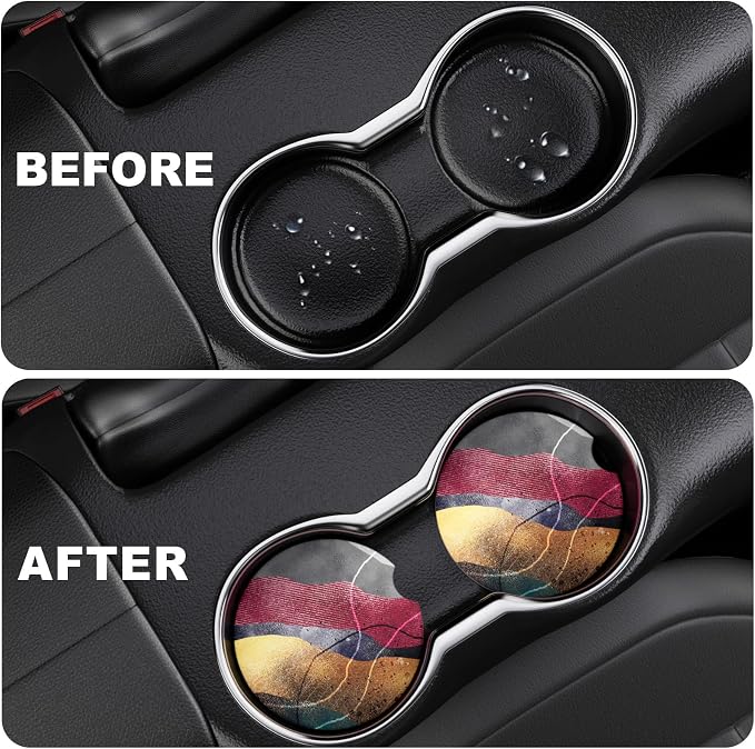 2 Pack Car Cup Holder Coaster, 2.63 inch Anti Slip Insert Absorbent Ceramic Car Coaster with Cork Base and Finger Notch, Cute Car Accessories Interior for Women, Cute Car Coasters., CH0025