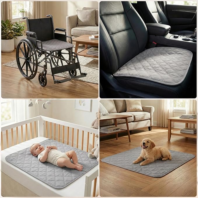 4 Pack Waterproof Chair Pads for Incontinence - Waterproof Seat Protector Pads 22" X 21", Resuable Washable Non-Slip Absorbent Chair Seat - Absorbent for Bed, Seat, Car, Wheelchair & Recliner（Gray）