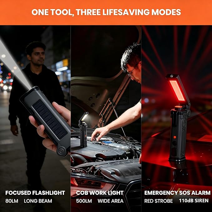 8-in-1 Car Emergency Escape Tool with Spring-Loaded Window Breaker | Seat Belt Cutter, Magnetic Work Light, Emergency Flashlight & Power Bank for Roadside Emergencies, Camping & Daily Driving