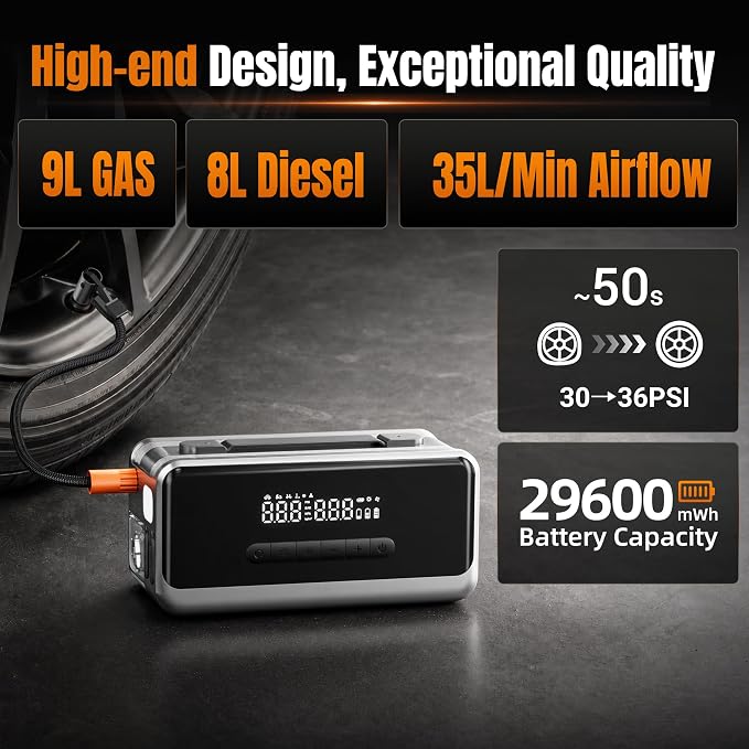Jump Starter with Air Compressor Portable Car Battery Jump Box 4000A | 12V Lithium Car Battery Booster with Vacuuming & Blowing Cleaning, Up to 9.0L Gas and 8.0L Diesel Engines, Car Accessories