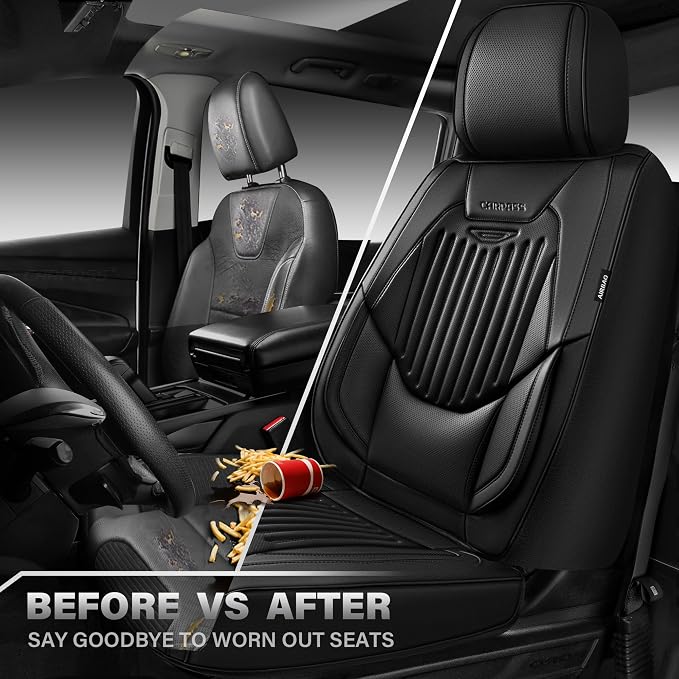 CAR PASS Luxury Nappa Leather Car Seat Covers Two Front, Lumbar Support Seat Covers for Car 2 Seats, Waterproof Car Seat Protector, Automotive Seat Cover Universal Fit for Most Sedans SUV Trucks Black