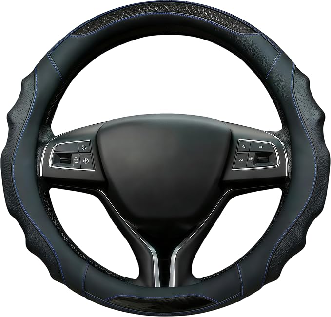 Leather Car Steering Wheel Cover, 14.5-15Inch Anti-Slip Steering Wheel Cover, Universal for Cars Truck SUV, Car Accessories (Black - Blue line)