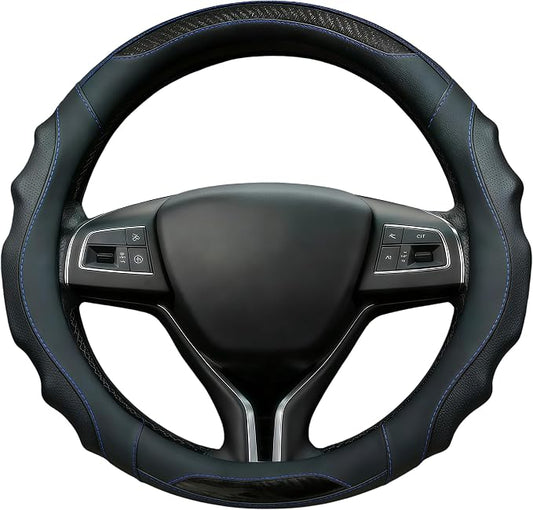 Leather Car Steering Wheel Cover, 14.5-15Inch Anti-Slip Steering Wheel Cover, Universal for Cars Truck SUV, Car Accessories (Black - Blue line)