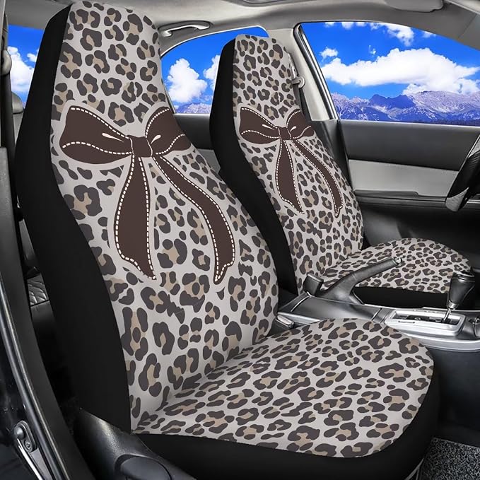 Bow Front Car Seat Cover Set of 2 Leopard Print Car Seat Covers for Front Seats Auto Interior Accessories Anti-Slip Back Fabric for Cars Sedans and SUVs