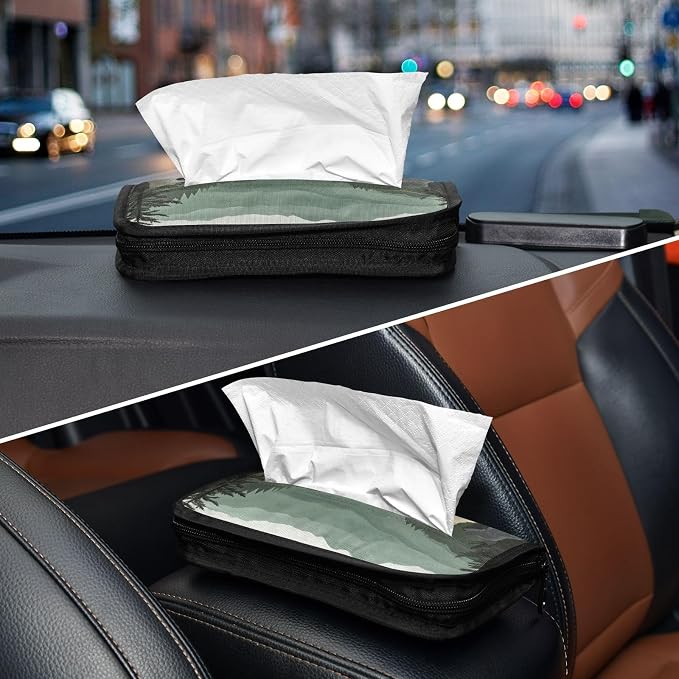 Car Visor Tissue Holder Mask Holder for Car, Car Tissue Box Sun Visor Napkin Holder Car Visor Accessories Adjustable Straps Reusable Durable Easy to Install Cute Wolves Back and Green Mountai