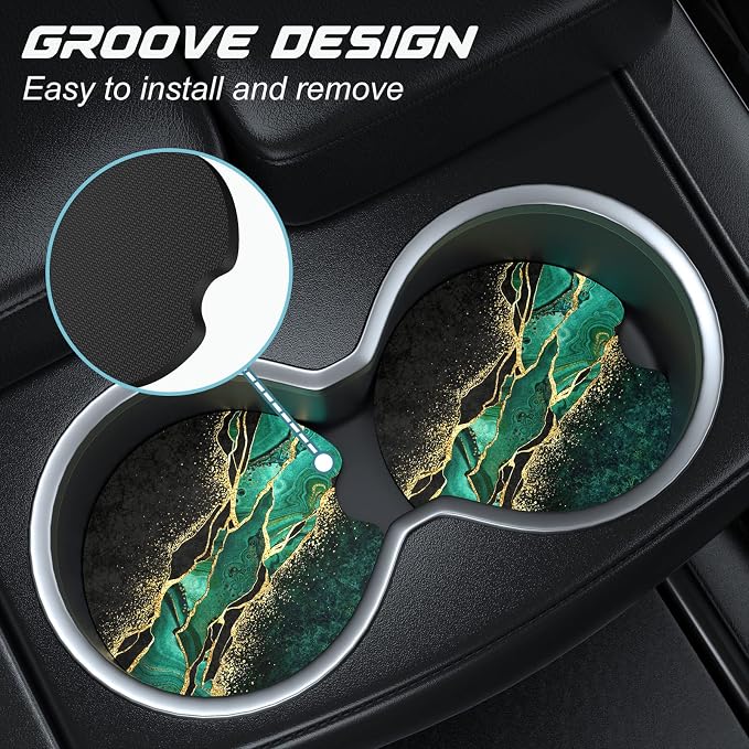 Aiawoxc Car Cup Holder Coasters, 2 Pack Universal Auto Anti Slip Insert Coaster with A Finger Notch, Cute Car Assecories for Women Men, Cup Mat for Most Interior, Luxury Teal Marble