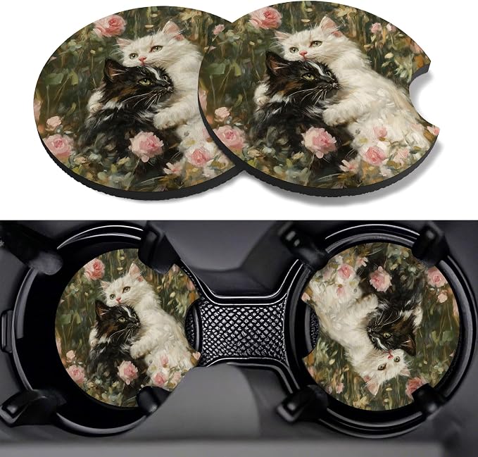 Car Cup Coasters,2 Pack Car Coaster,2.75inch Anti Slip and Absorbent Cars Coasters for Cup Holders,Neopren Accessories for Women,Cute Decor for Women (Hugging Cat)