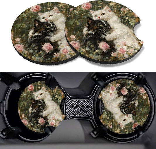 Car Cup Coasters,2 Pack Car Coaster,2.75inch Anti Slip and Absorbent Cars Coasters for Cup Holders,Neopren Accessories for Women,Cute Decor for Women (Hugging Cat)