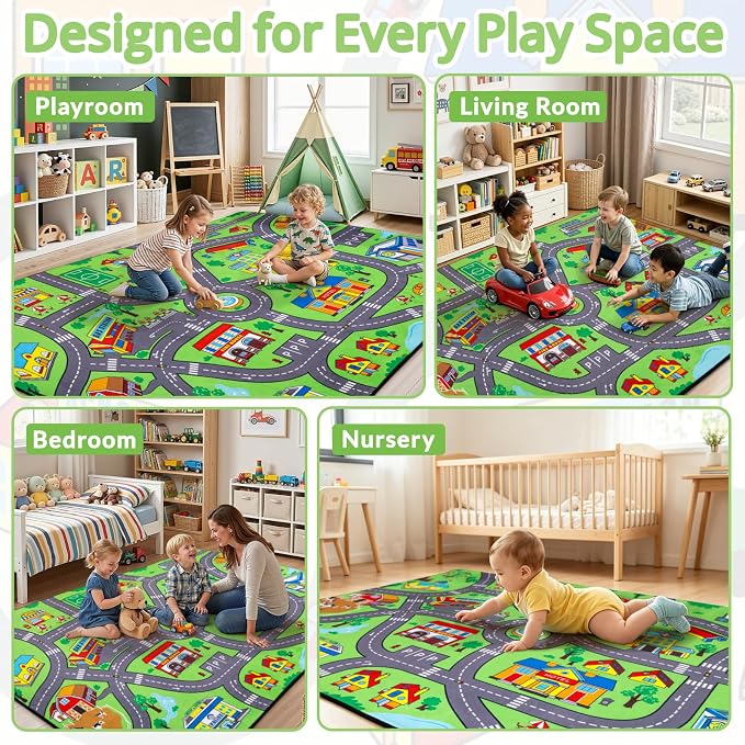 Kids Road Rug 4 x 6 Ft, City Car Play Mat for Kids with Realistic Colors, Non-Slip Floor Carpet for Classroom, Playroom & Bedroom