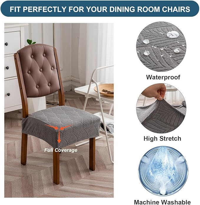Removable and Washable Seat Covers for Dining Room Chairs Set of 4 - Waterproof Stretch Chair Seat Slipcovers, No Back Covers