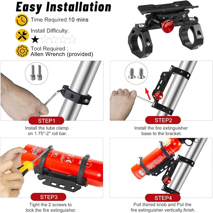 UTV Fire Extinguisher Mount Kit- Quick Release Roll Bar Fire Extinguisher Holder with Aluminum Bracket for Any Vehicle with 1.75"-2" Roll Bar, UTV Accessories Compatible with Polaris RZR/Can Am X3/SXS
