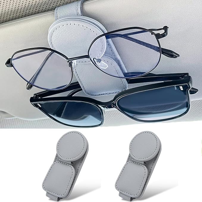 KIWEN 2 Pack Sunglasses Holder for Car Visor, Magnetic Leather Sunglass Eyeglass Hanger Clip for Car Sun Visor Accessories (2, Black)