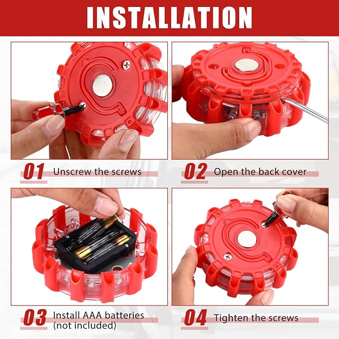 Tallew 12 Pack LED Road Flares Emergency Lights Roadside 9 Flash Modes Warning Car Safety Beacon Magnet Hook Flashing Disc Flare Kit for Vehicles Car Truck Boats Holiday Gift(Red)