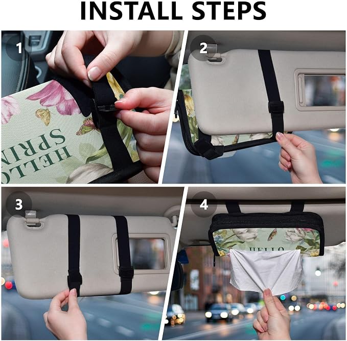 Green Spring Wildflowers Tulip Butterflies Car Tissue Holder Durable Napkin Holder Hanging Tissue Holders Case Car Tissues Bag for Sun Visor Seat Back Universal Auto