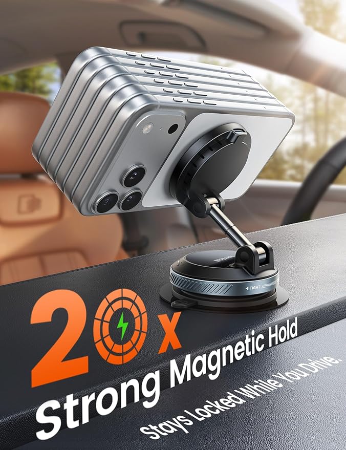 Lamicall 15W for MagSafe Car Mount Charger - Dual USB-C Ports, Magnetic Phone Holder for Car, Magnetic Wireless Car Charger, Vacuum Suction Cup Phone Mount for iPhone 17 Pro Max 16 15 Truck Jeep Black