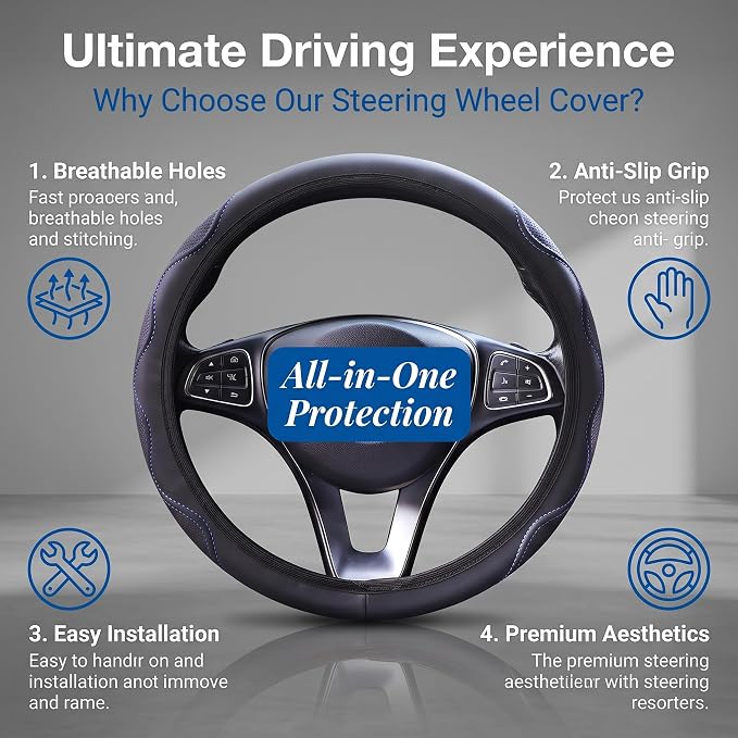 Elastic Steering Wheel Cover Black and Blue Universal 14-15 inch | Leather Car Steering Wheel Covers Stretch Microfiber Breathable Anti-Slip Car Accessories Fit for Suvs, Vans, Trucks