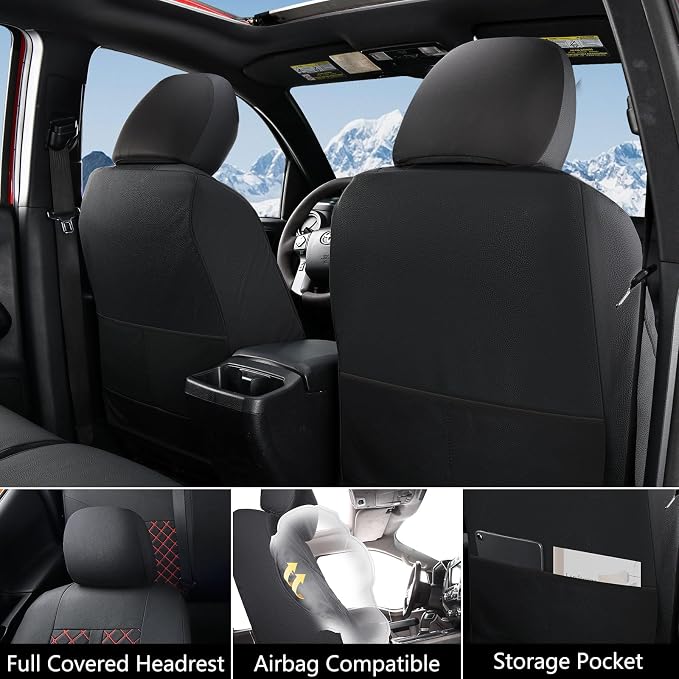 Truckiipa 2 Front Tacoma Seat Covers Leather Car Seat Covers Waterproof Truck Seat Cushion Protector Covers Fit for 2016-2023 Toyota Tacoma Double Crew Cab, Front Pair, Black&Red