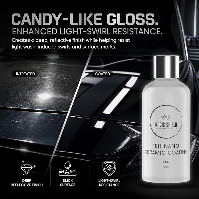 Magic Shield Ceramic Coating PRO 10H - Self-Healing | Long lasting for 2 cars+ | Advanced SiO2 Protection | Easy Application | Candy-Like Gloss | Perfect for Cars, Motorcycles, RVs, and Boats (50ml)