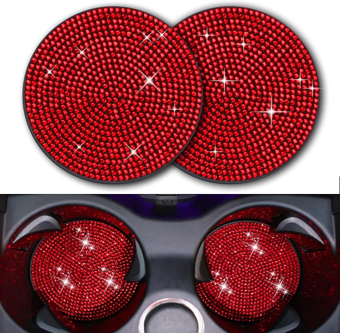 Bling Cup Holder Insert Coaster- 2.75 inch Silicone Anti-Slip Shockproof, Universal Fashion Car Interior Accessories for Women (Red, 2 PCS)