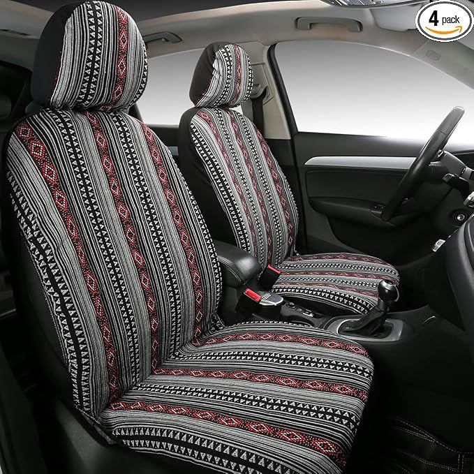 Baja Saddle Blanket Car Seat Covers 4PCS Front, Breathable Washable Striped Woven Automotive Vehicle Seat Cover, Universal Boho Seat Cover for Sedan, SUV, Truck, Airbag Compatible