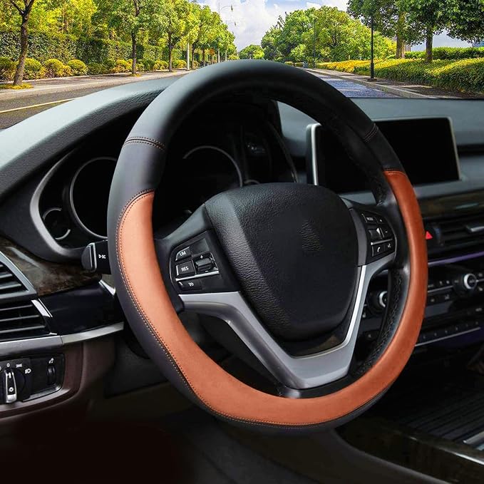 Valleycomfy Microfiber Leather Steering Wheel Covers Universal 15 inch (Brown
