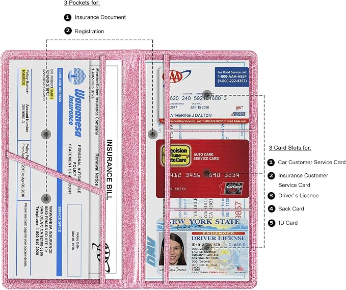 TOURSUIT Car Registration & Insurance Card Holder, Glitter Pink | Vehicle License Document Organizer, Glove Box Compartment, Interior Car Accessories, For Women Men