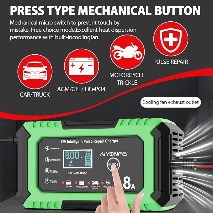 12V Battery Charger 8-Amp Smart Trickle Charger, Green | Battery Maintainer and Desulfator, Temperature Compensation, for Car, Truck, SUV, Motorcycle, Boat, Lead Acid, LiFePO4