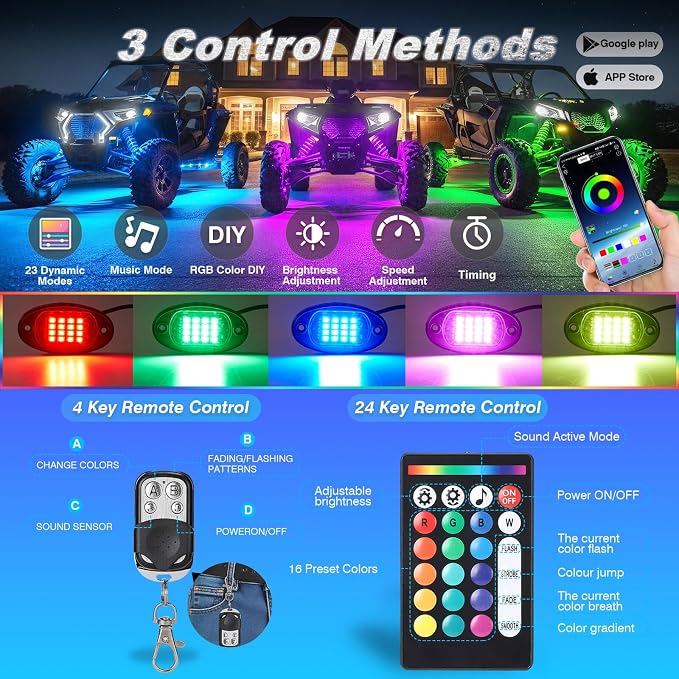 6Pods RGB LED Rock Lights for UTV SXS RZR Can-Am Four Wheeler Side by Side ATV Offroad Golf Cart, Multicolor Underglow Light Kit with APP/RF Remote Dual Zone Neon Vehicle Accent Light 12V Waterproof