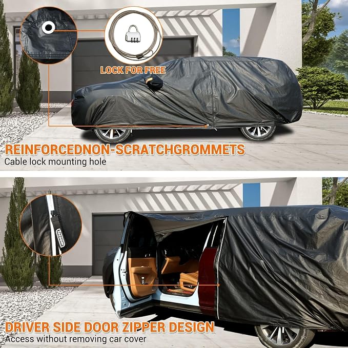 Tecoom Waterproof All Weather SUV Car Cover, Cotton Lined with Lock & Zipper Door, UV Snow Wind Dust Hail Storm Protection, Full Outdoor Cover Fit for SUV (216"–230"), Black