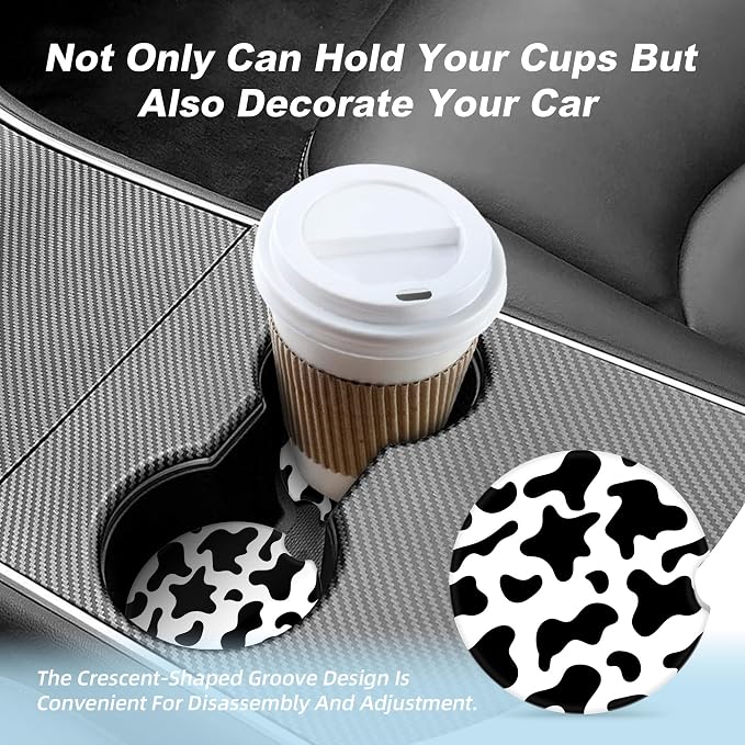 Black and White Cow Print Car Coasters for Cup Holders,2 Pack Car Cup Holder Coasters for Car,Ceramic Absorbent Car Coaster with A Finger Notch and Cork Base,Car Interior Accessories for Women Men