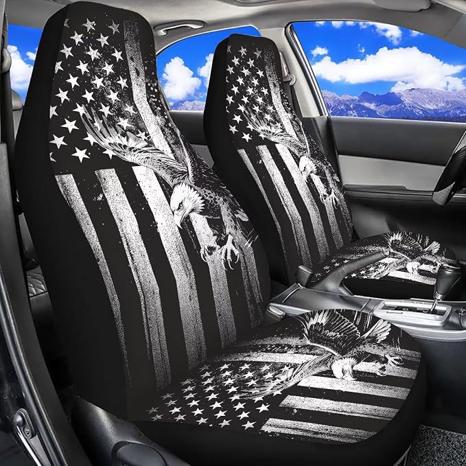 Eagle Car Front Seat Covers Anti-Slip Gray US Flag Car Seat Cover for Front Seats Set of 2 Patriotic Removable Automotive Accessories Universal Fit for Cars SUVs Sedans