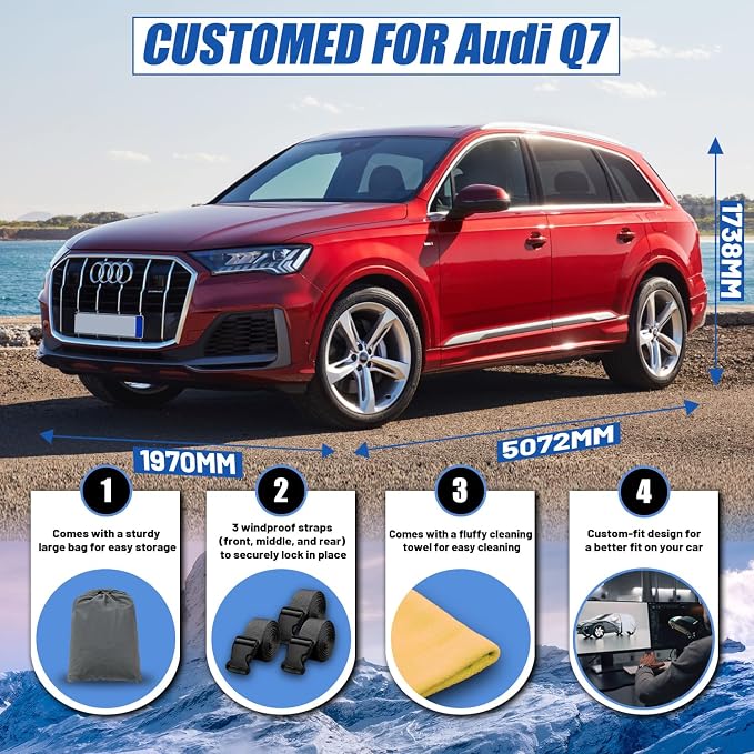 SUV Car Cover Custom Fit for Audi Q7/SQ7 (2006-2025), Waterproof All Weather for Automobiles Full Exterior Cover Rain Sun Snow UV Protector.