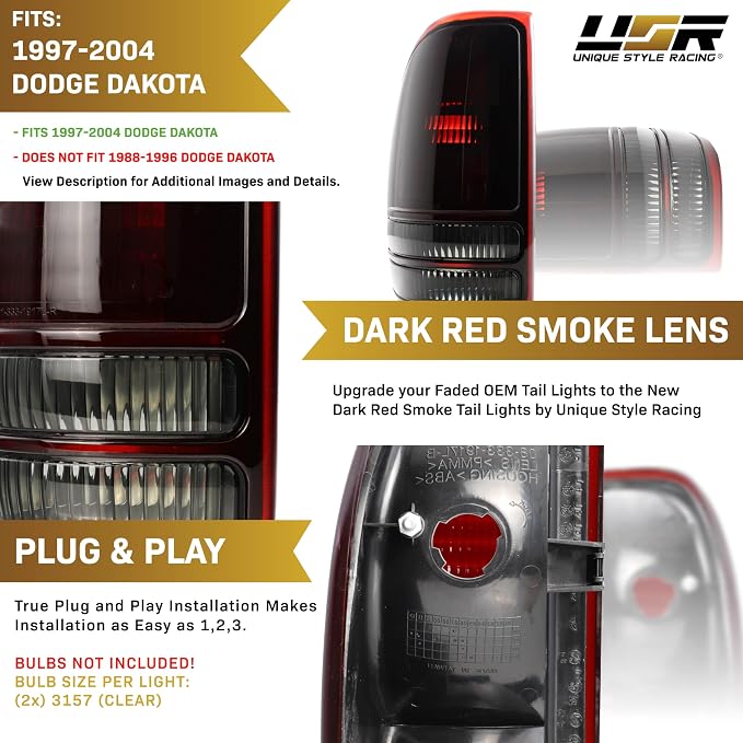 USR 97-04 Dakota PickUp Tail Light – Rear Tail Lamps (Left + Right) Pair - Compatible with 1997-2004 Dodge Dakota Pick Up Truck All Models/Trims (DARK SMOKE RED TAIL LIGHTS/PLUG AND PLAY READY)