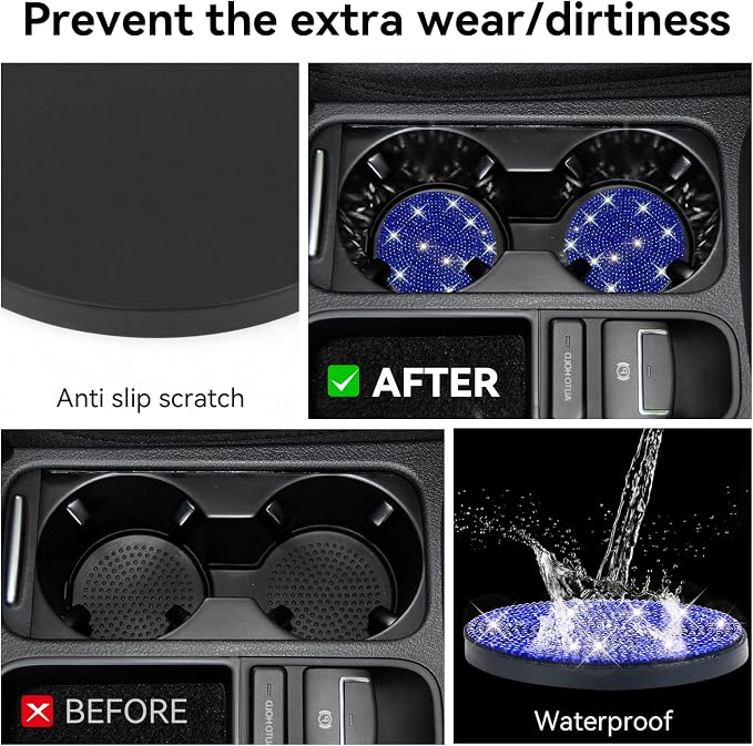 SINGARO Bling Cup Holder Coasters for Car, 2PCS Universal Non-Slip Cup Holder, Embedded Decorative Coasters, Shiny Crystal Car Interior Accessories Gifts for Women (Blue)