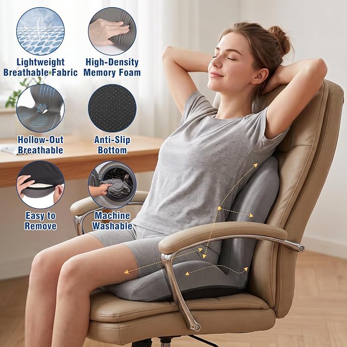 Car Seat Cushion with Lumbar Support Pillow, Memory Foam Office Chair Cushion for Back Pain Sciatica Pain Relief, Ergonomic L-Shaped Seat Cushion for Car Truck Driving Office Chair Home (Gray)