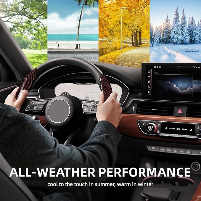 Carbon Fiber Steering Wheel Cover 2PCS Segmented Clip-on Protector (Brown) | Universal Fit, Anti-Slip Lining, Sporty Style, Car Interior Accessory for Men and Women