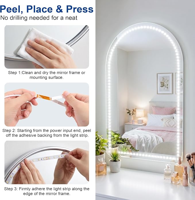 PANGTON VILLA Vanity Lights for Mirror, 13FT Dimmable 6000K LED Light Strip | Stick on Makeup LED Lighting, LED Vanity Lights Strips for Mirror for Bedroom Bathroom Vanity Table (Mirror Not Included)