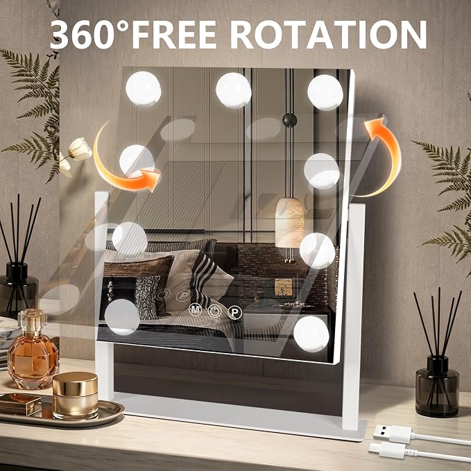 Ratsamee Rechargeable Hollywood Vanity Mirror with Lights, 13"×15" LED Makeup Mirror, Smart Touch Control, Makeup Mirror for Bedroom, Vanity Desk, Beauty Routine