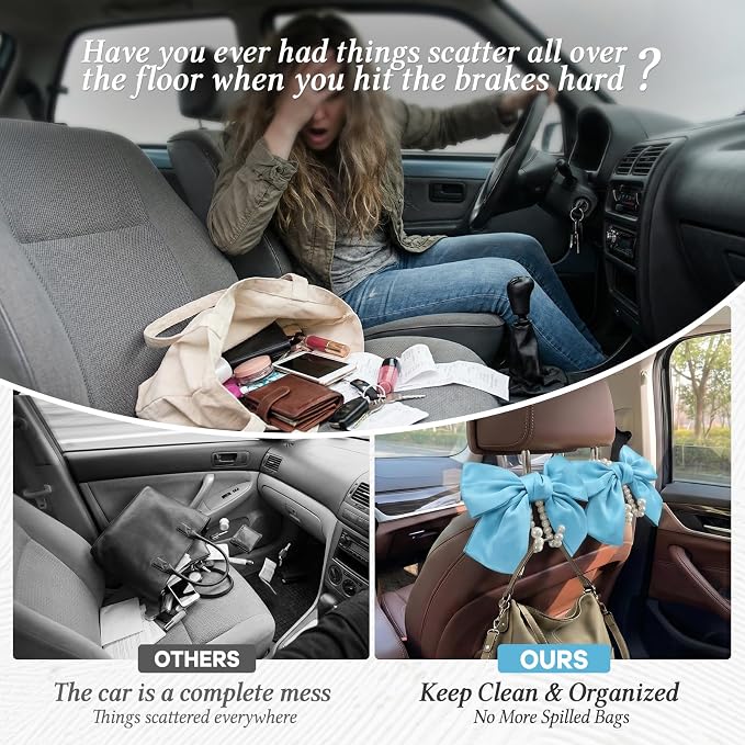 2PCS Satin Bow Pearl Car Seat Headrest Hooks – Car Bag Holder & Vehicle Hanger for Purses – Cute Coquette Aesthetic Interior Decoration – Cute Auto Organizer Accessories Universal (Sky Blue)