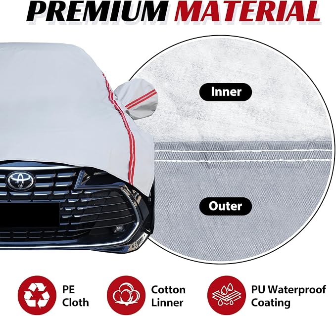 Half Car Cover for Snow, Car Roof Cover for All Weather Protection with Red Strip Design, Fit Small/Compact Sedan Such As Audi A4, Toyota Corolla