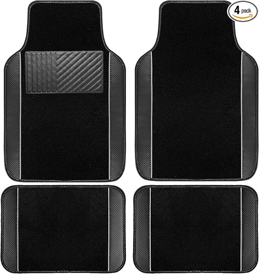 NBTEPEM Waterproof Universal Fit Car Floor Mats, Faux Leather Sporty Car Carpet Mats with Anti-Slip Nibbs Backing & Driver Heel Pad Fit for SUV, Vans, Sedans, Trucks, Set of 4 (Black with Grey line)