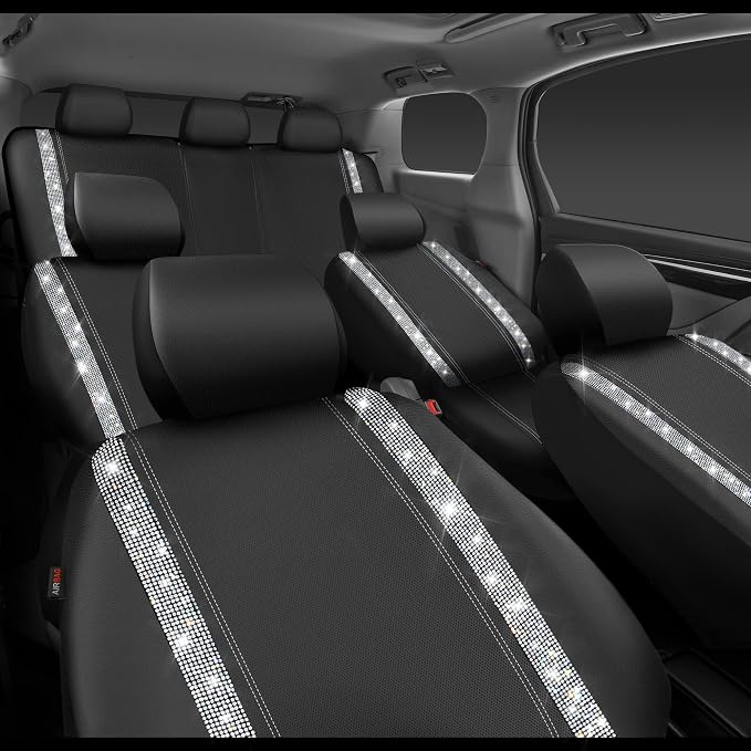 CAR PASS Bling Diamond Car Seat Covers, Shining Rhinestones Waterproof Faux Leather, 7 Seats 3 Rows with Zipper Glitter Crystal Sparkle Strips Universal Fit 95% MPV,SUV,CAR for Women Girl, Silver